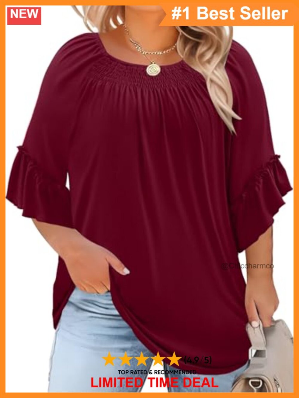 Womens Plus Size Pleated 3/4 Bell Sleeve Ruffle Tunic Blouse